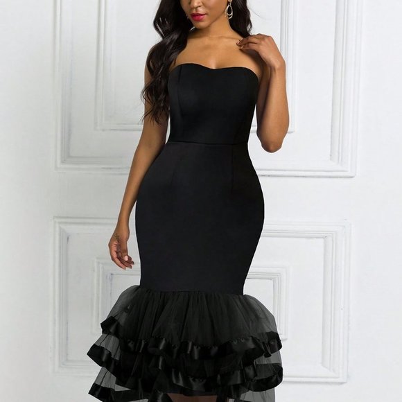 Black Preppy Womens Contrast Mesh Mermaid Hem Tube Dress - Picture 4 of 5